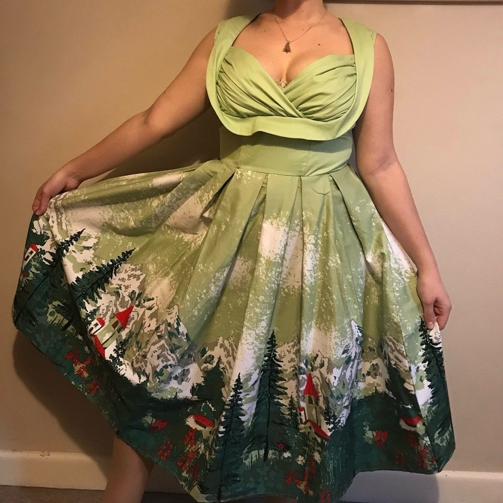Unique Vintage 1950s Style Milk Maid Retro Swiss Alps Green White Cocktail Dress - Picture 2 of 12
